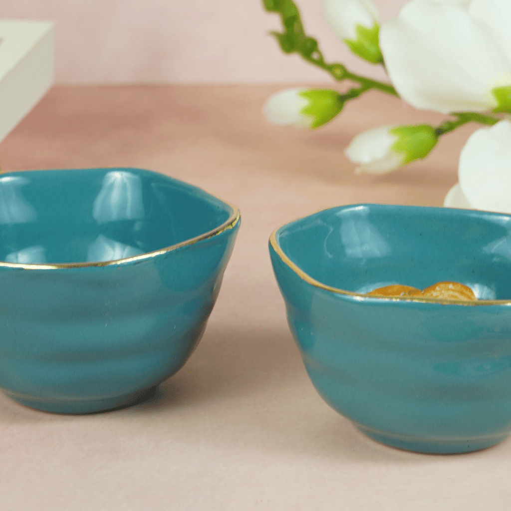 Small Blue Palette Bowl with Golden Border | Set of 2 - The Golden Theory