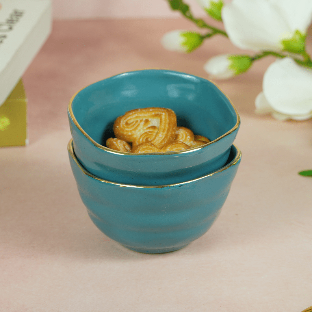 Small Blue Palette Bowl with Golden Border | Set of 2 - The Golden Theory