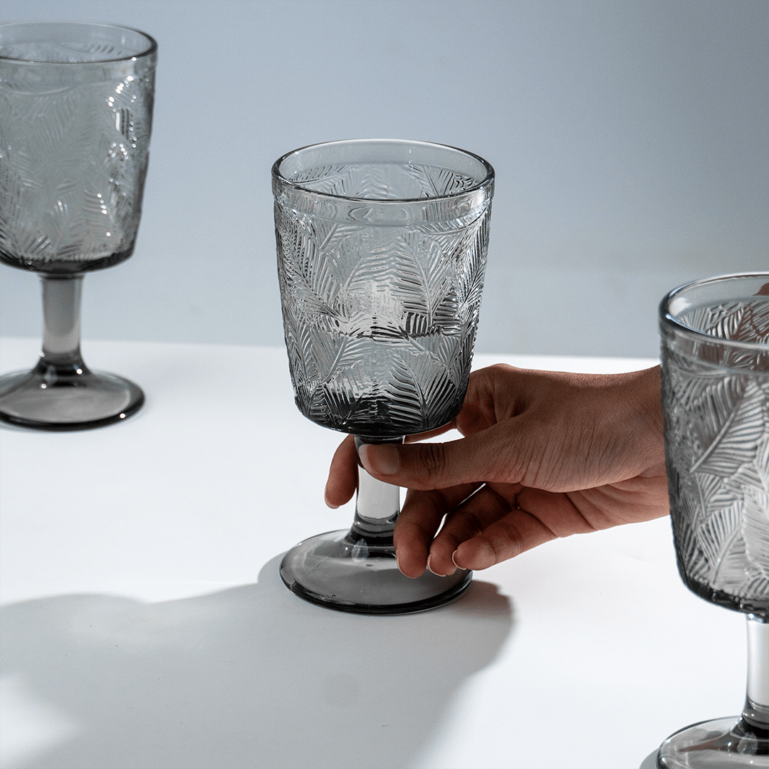 Smoky Black Palm Leaf Embossed Glass Goblet - The Golden Theory