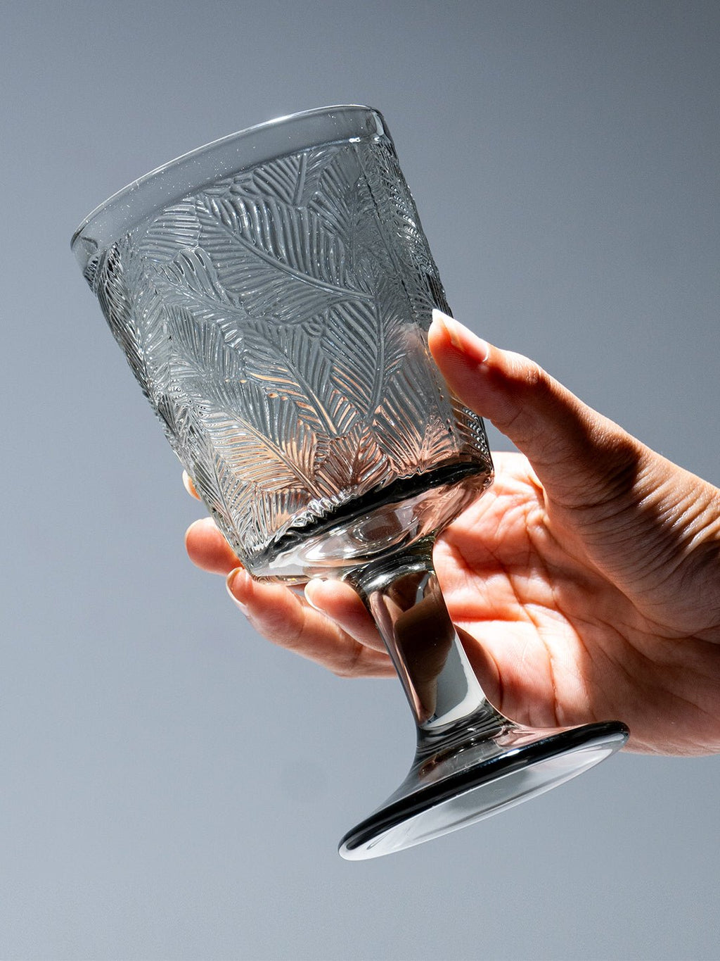 Smoky Black Palm Leaf Embossed Glass Goblet - The Golden Theory