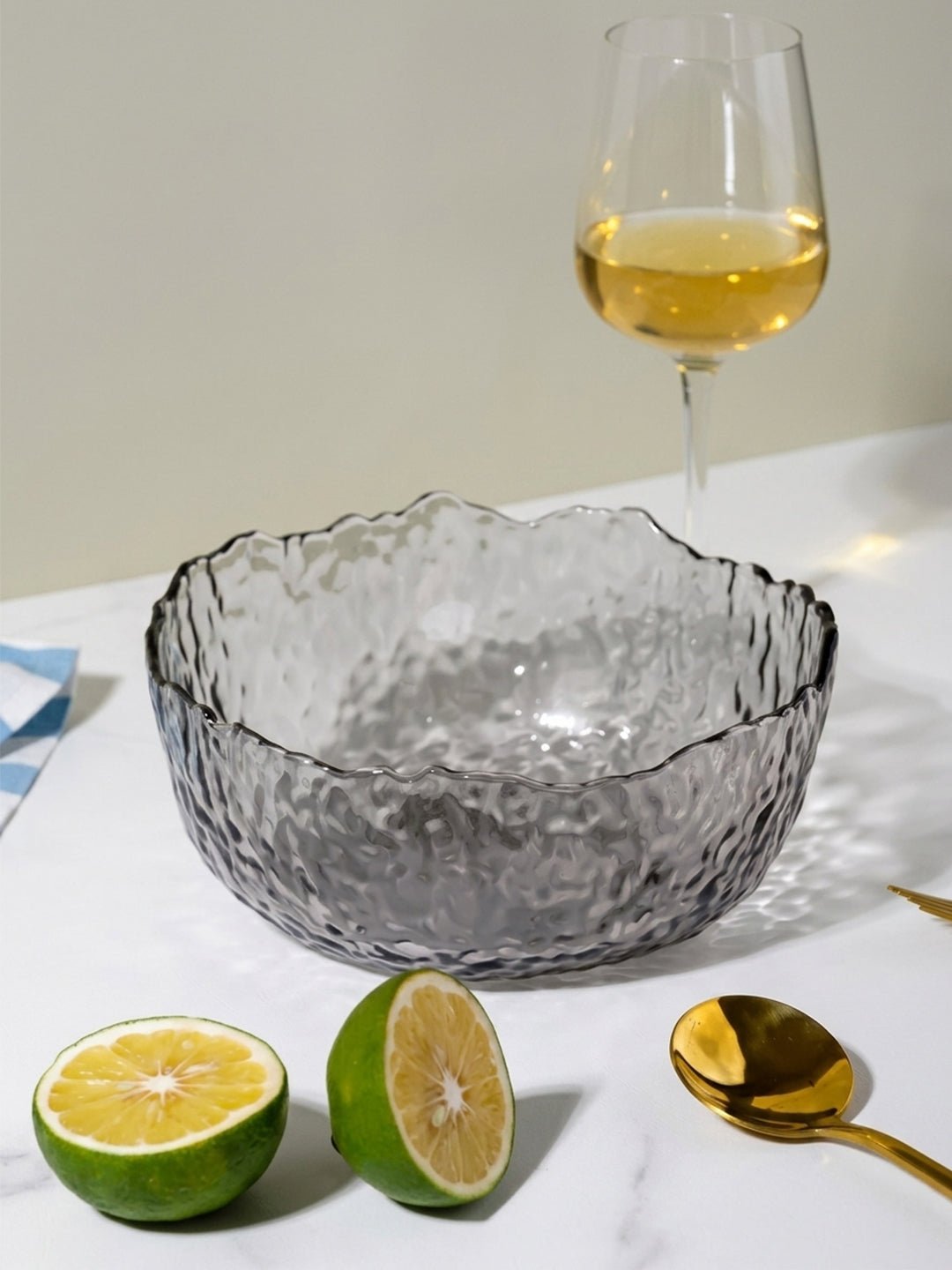 Smoky Gray Wavy Glass Bowl - Textured Design with Ruffled Edge - The Golden Theory