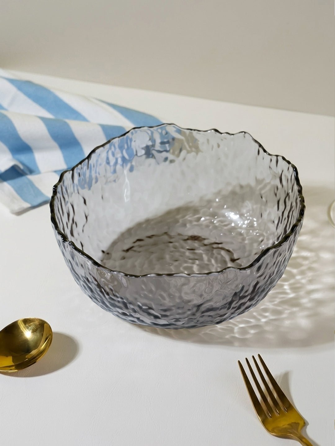 Smoky Gray Wavy Glass Bowl - Textured Design with Ruffled Edge - The Golden Theory