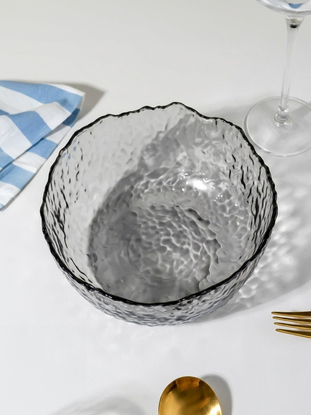 Smoky Gray Wavy Glass Bowl - Textured Design with Ruffled Edge - The Golden Theory