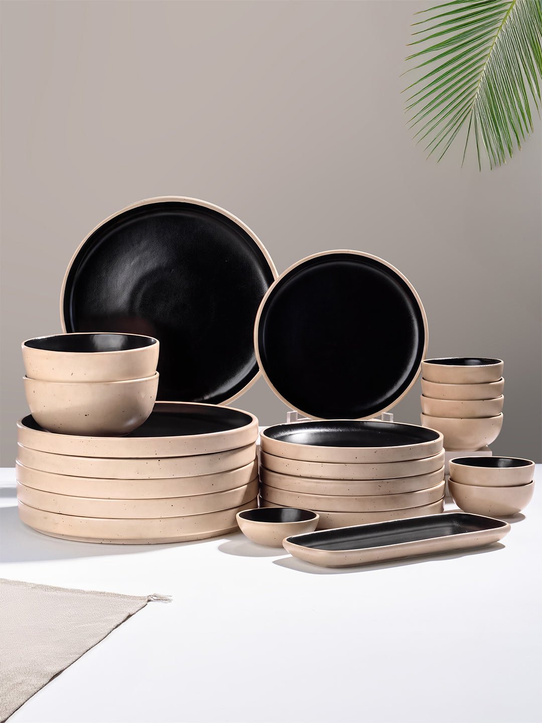 Speckled Beige & Black Ceramic Dinner Set – Set of 22 - The Golden Theory Main image