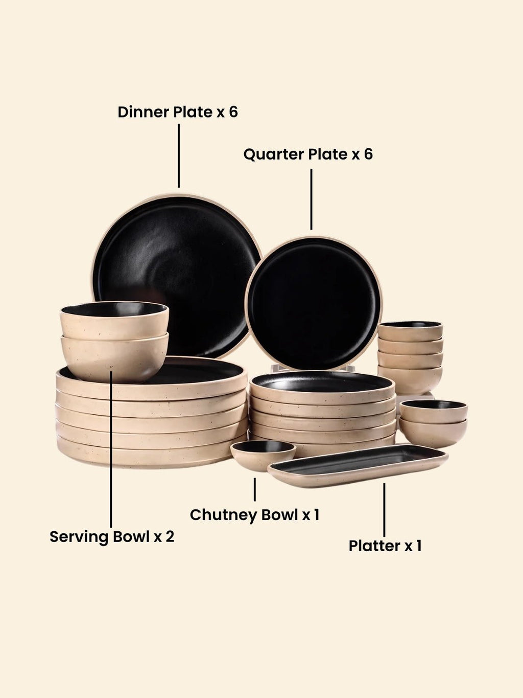 Speckled Beige & Black Ceramic Dinner Set – Set of 22 - The Golden Theory