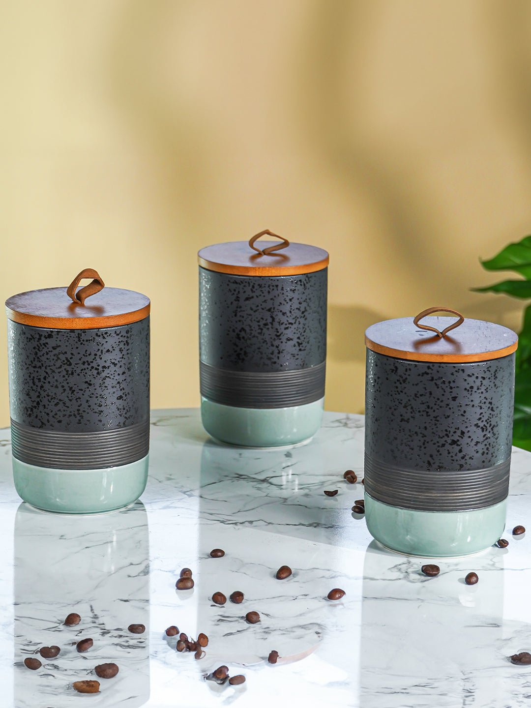 Speckled Black and Mint Ceramic Canister Set with Wooden Lids - The Golden Theory