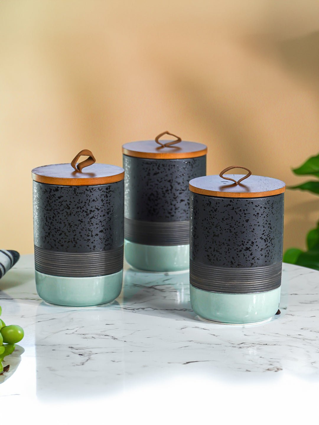 Speckled Black and Mint Ceramic Canister Set with Wooden Lids Secondary image