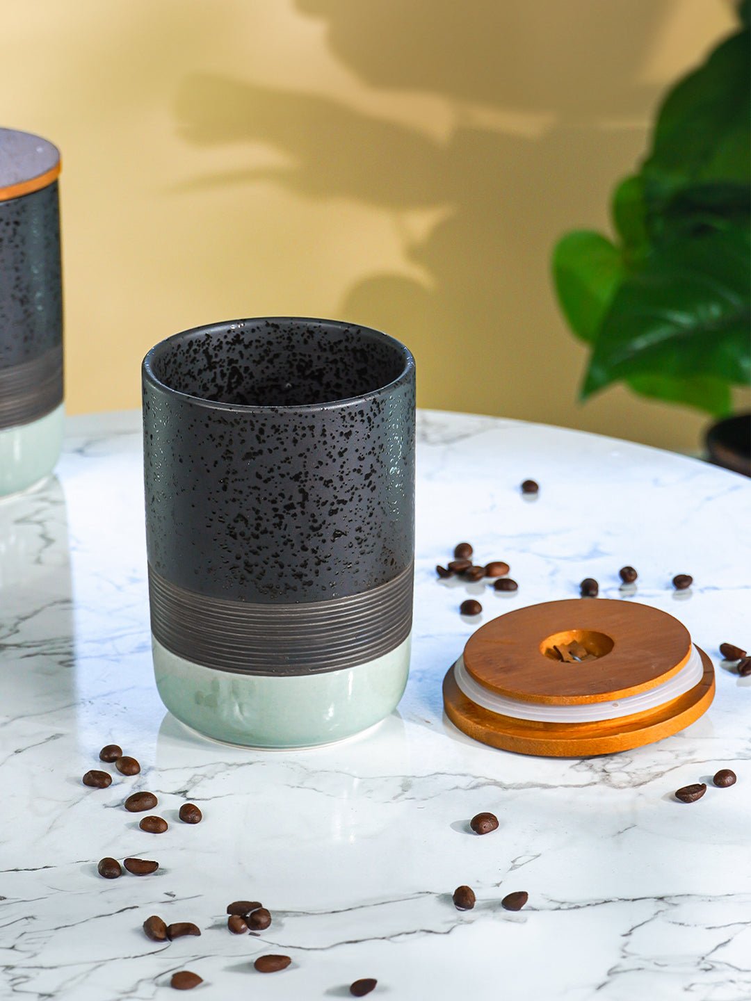 Speckled Black and Mint Ceramic Canister Set with Wooden Lids - The Golden Theory