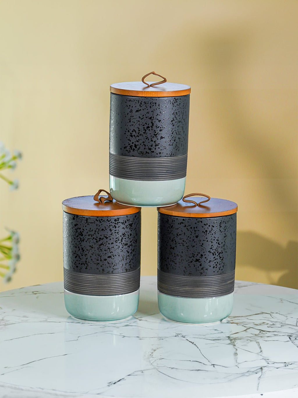 Speckled Black and Mint Ceramic Canister Set with Wooden Lids - The Golden Theory