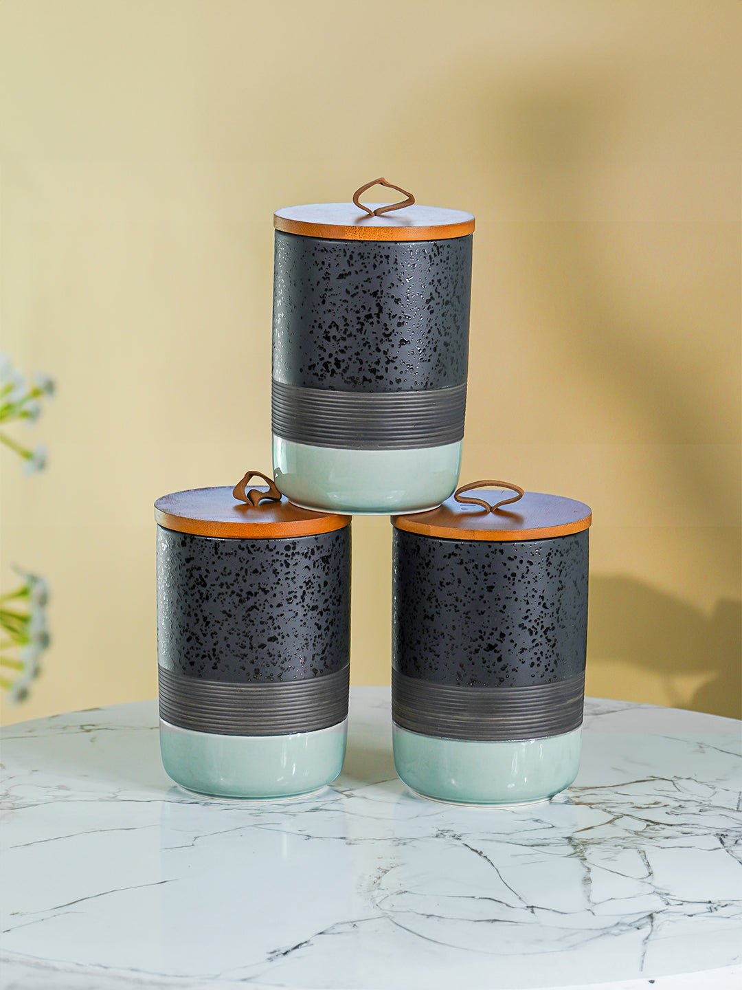Speckled Black and Mint Ceramic Canister Set with Wooden Lids - The Golden Theory