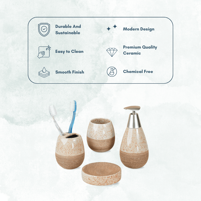 Speckled Cream and Wood Bathroom Set – Cozy Ceramic Bath Accessories - The Golden Theory