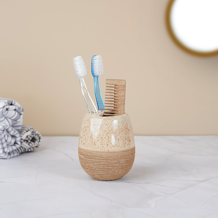 Speckled Cream and Wood Bathroom Set – Cozy Ceramic Bath Accessories - The Golden Theory