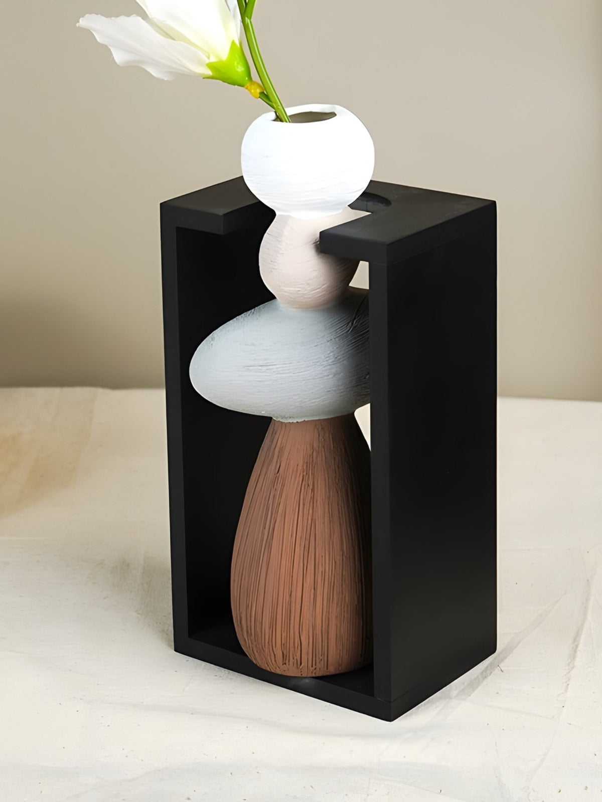 Stacked Stone Vase with Black Geometric Frame - The Golden Theory