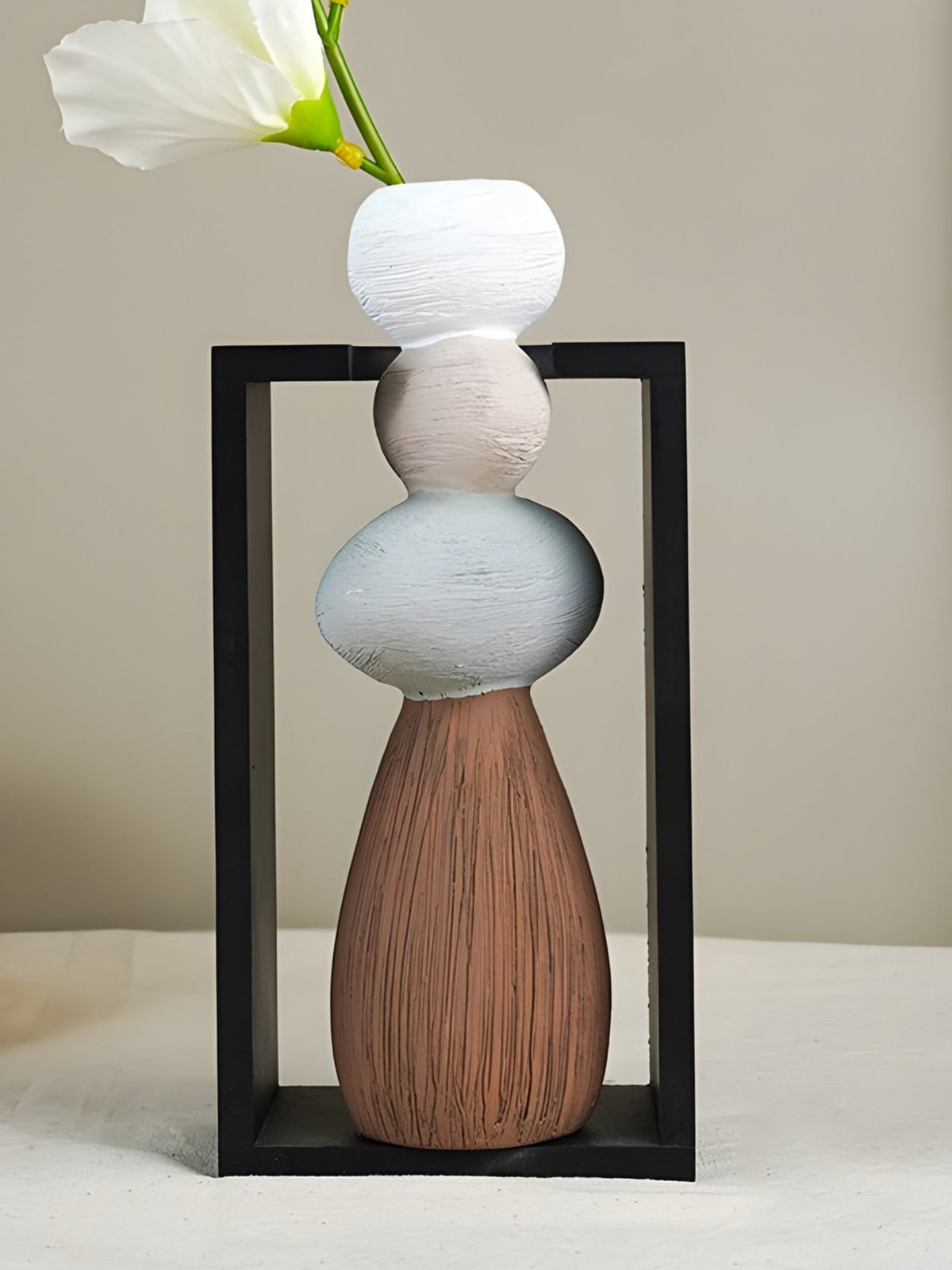 Stacked Stone Vase with Black Geometric Frame - The Golden Theory