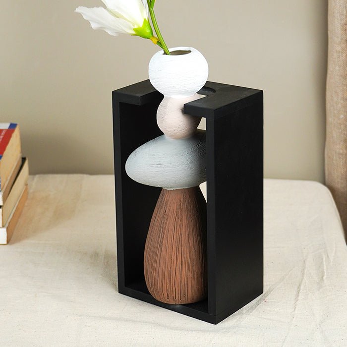 Stacked Stone Vase with Black Geometric Frame - The Golden Theory