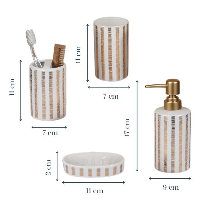 Striped White and Gold Bathroom Set – Chic Ceramic Bath Accessories - The Golden Theory