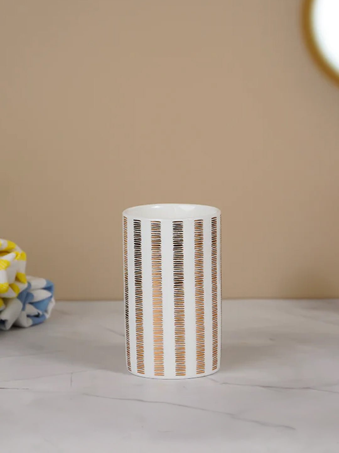 Striped White and Gold Bathroom Set – Chic Ceramic Bath Accessories - The Golden Theory
