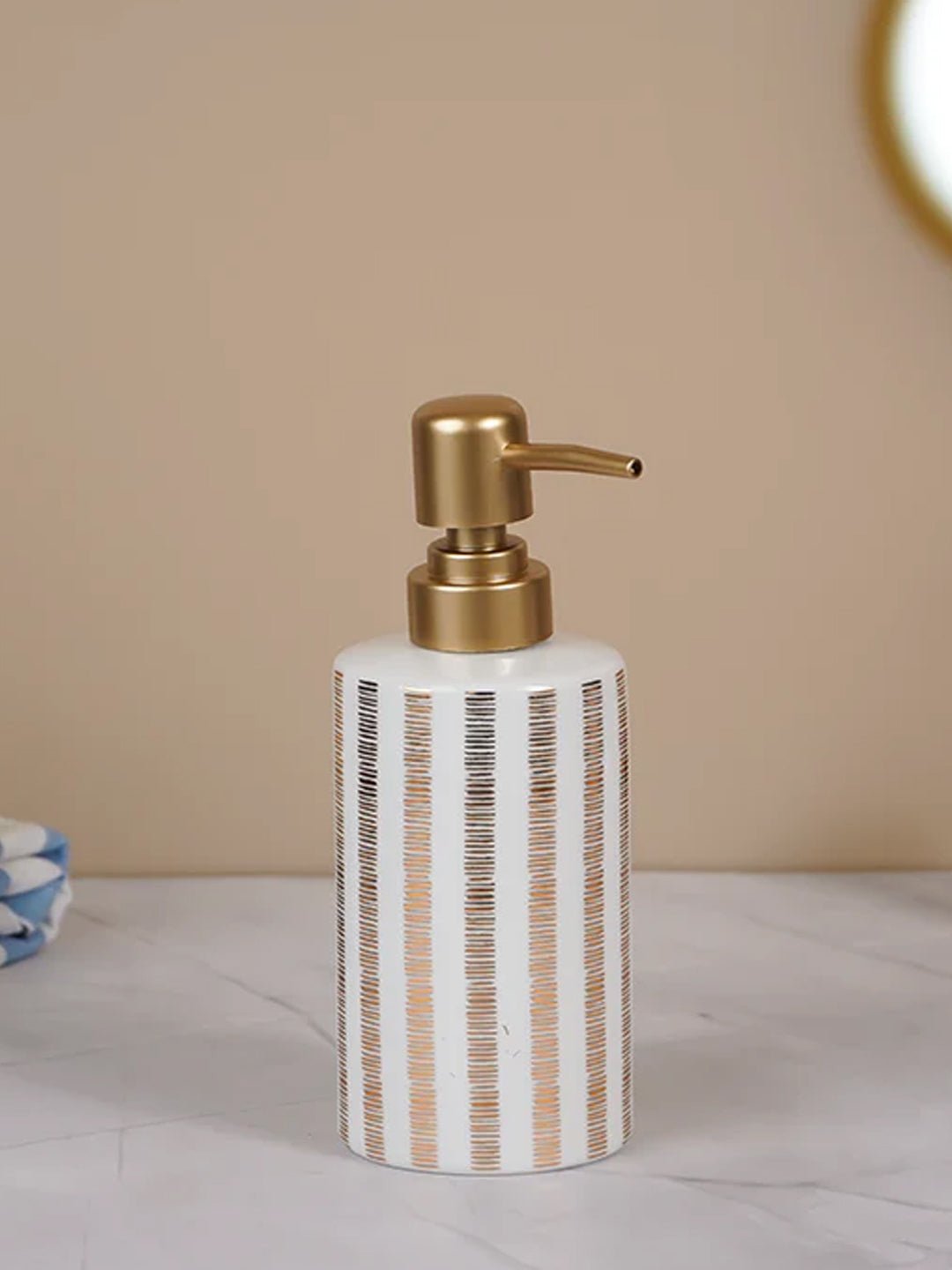Striped White and Gold Bathroom Set – Chic Ceramic Bath Accessories - The Golden Theory