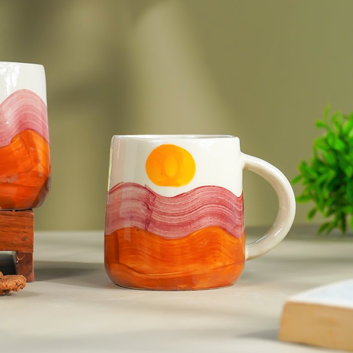Sunset Painted Mug – Handcrafted with Orange & Maroon Waves - The Golden Theory
