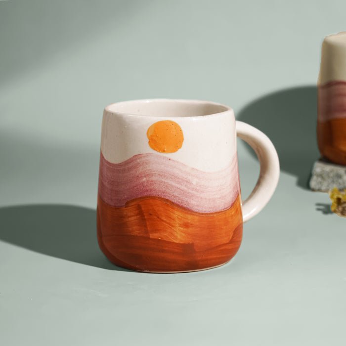 Sunset Painted Mug – Handcrafted with Orange & Maroon Waves - The Golden Theory Main image