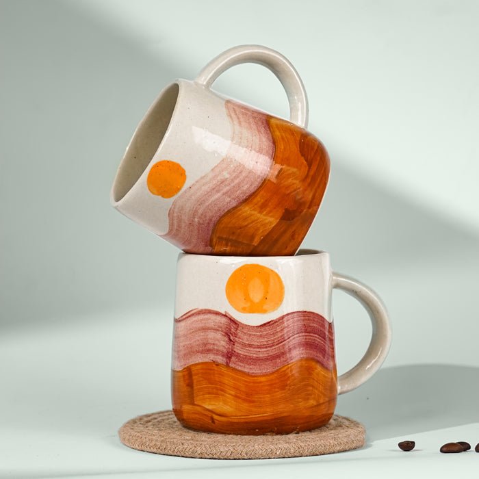Sunset Painted Mug – Handcrafted with Orange & Maroon Waves - The Golden Theory