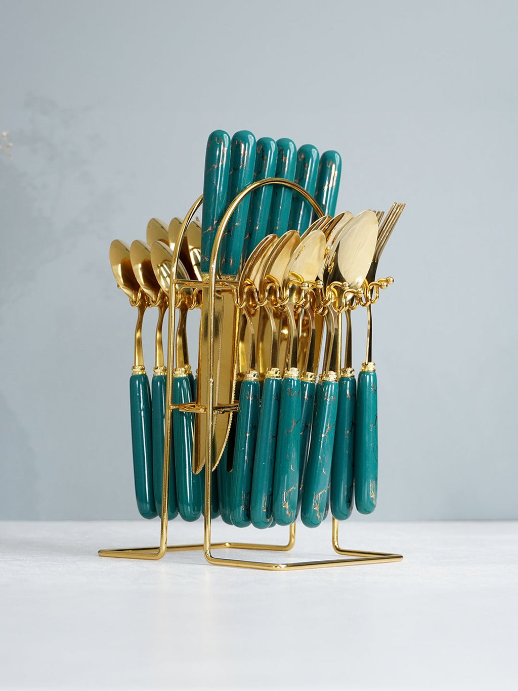 Teal and Gold Stainless Steel Cutlery Set of 24 - The Golden Theory