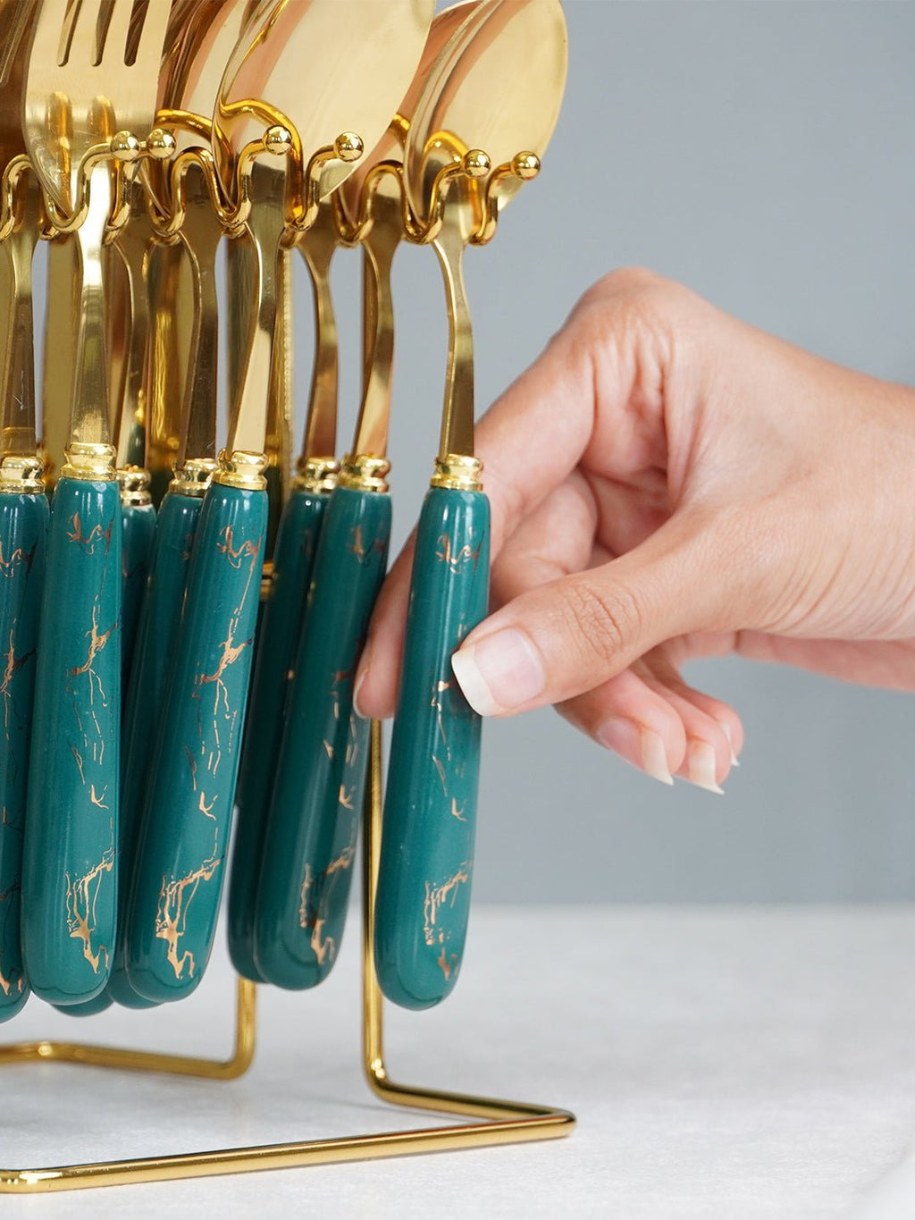 Teal and Gold Stainless Steel Cutlery Set of 24 - The Golden Theory