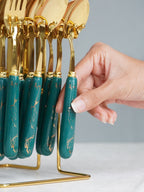 Teal and Gold Stainless Steel Cutlery Set of 24 - The Golden Theory