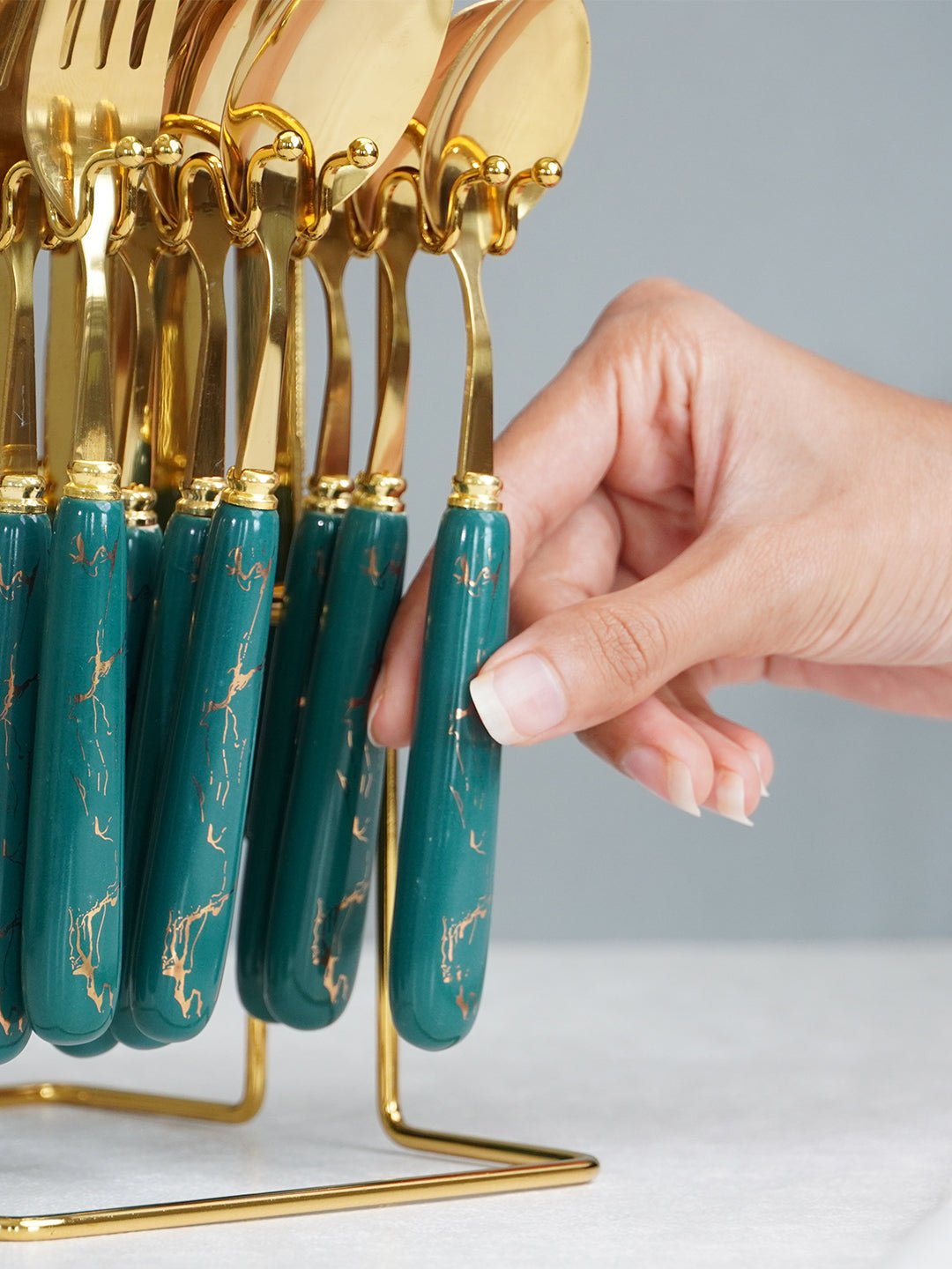 Teal and Gold Stainless Steel Cutlery Set of 24 - The Golden Theory