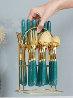 Teal and Gold Stainless Steel Cutlery Set of 24 - The Golden Theory