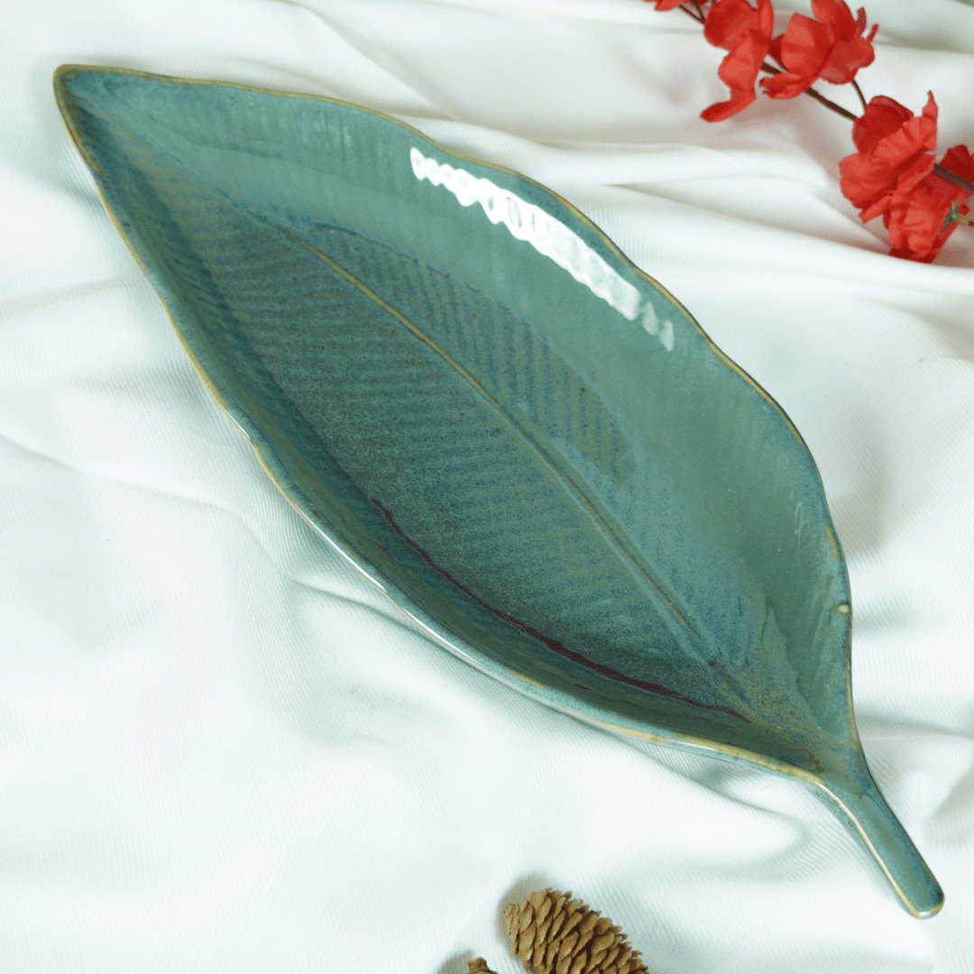 Teal Tropic Ceramic Leaf Platter - The Golden Theory Main image