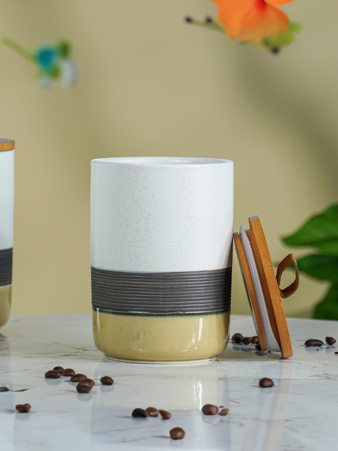 Three-Tone Ceramic Canister Set with Wooden Lids - Set of 3 Secondary image