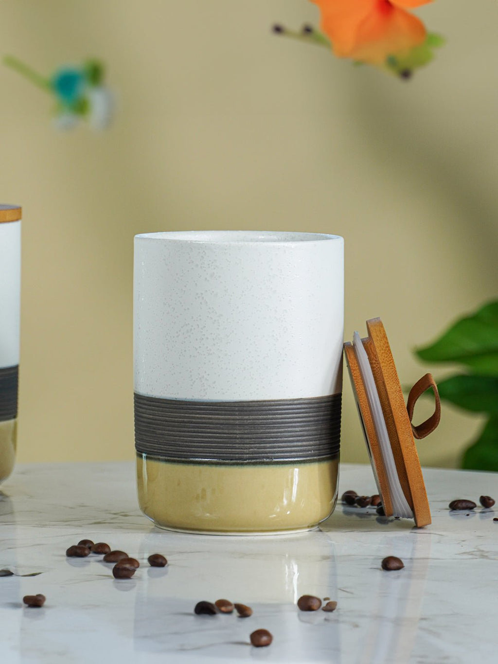 Three-Tone Ceramic Canister Set with Wooden Lids - Set of 3 - The Golden Theory
