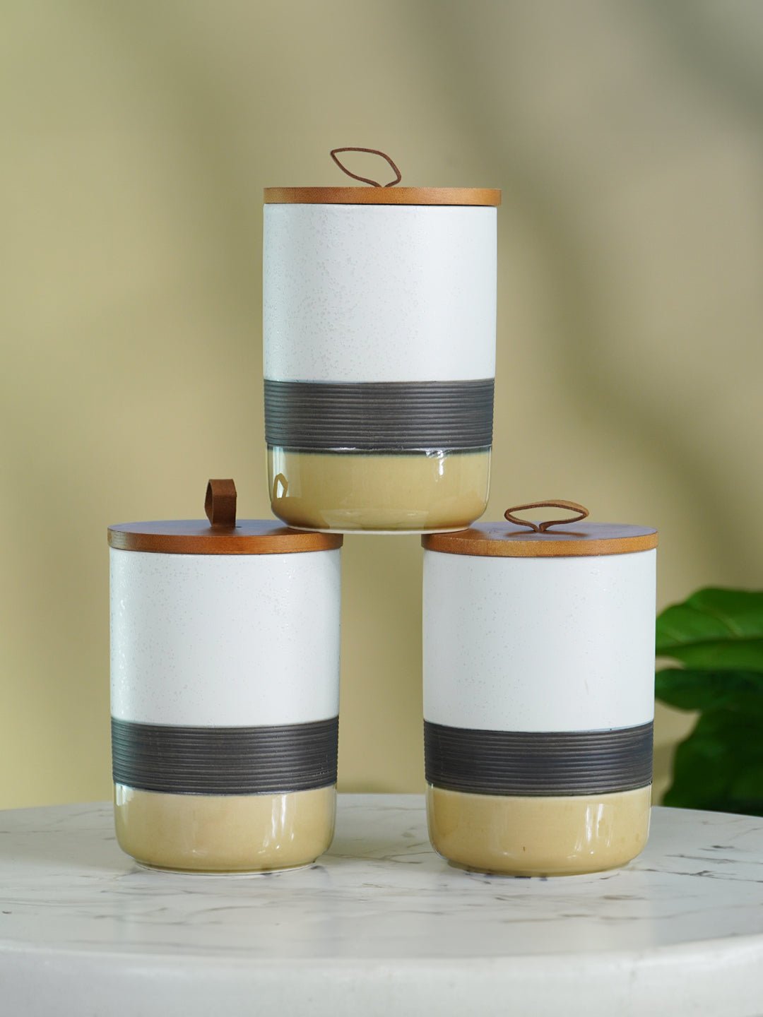 Three-Tone Ceramic Canister Set with Wooden Lids - Set of 3 - The Golden Theory Main image