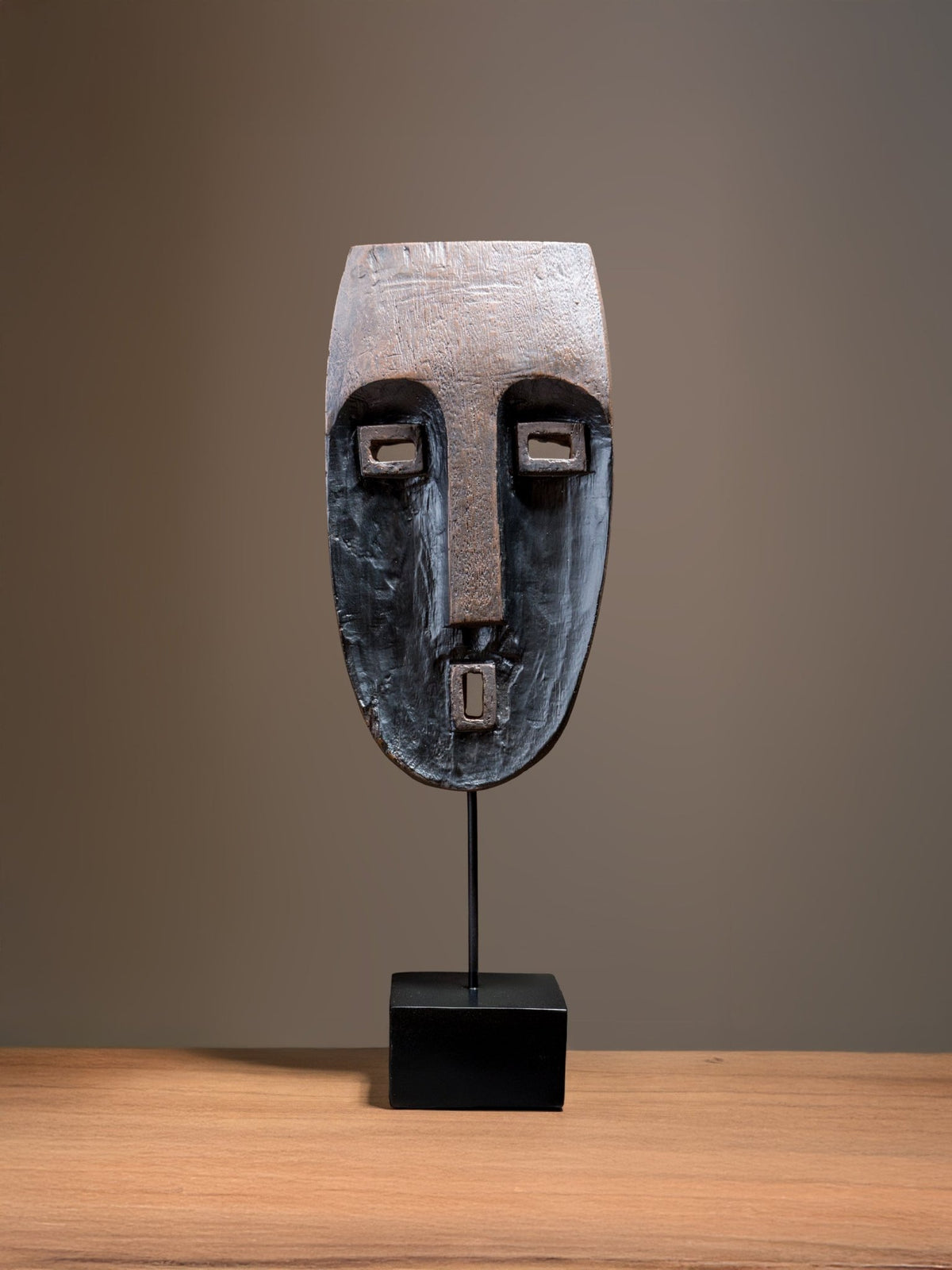 Tribal Wood-Look Mask Sculpture – Angular Face Statue - The Golden Theory