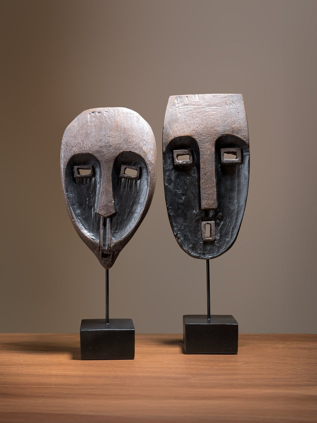 Tribal Wood-Look Mask Sculpture – Angular Face Statue - The Golden Theory