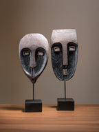 Tribal Wood-Look Mask Sculpture – Angular Face Statue - The Golden Theory