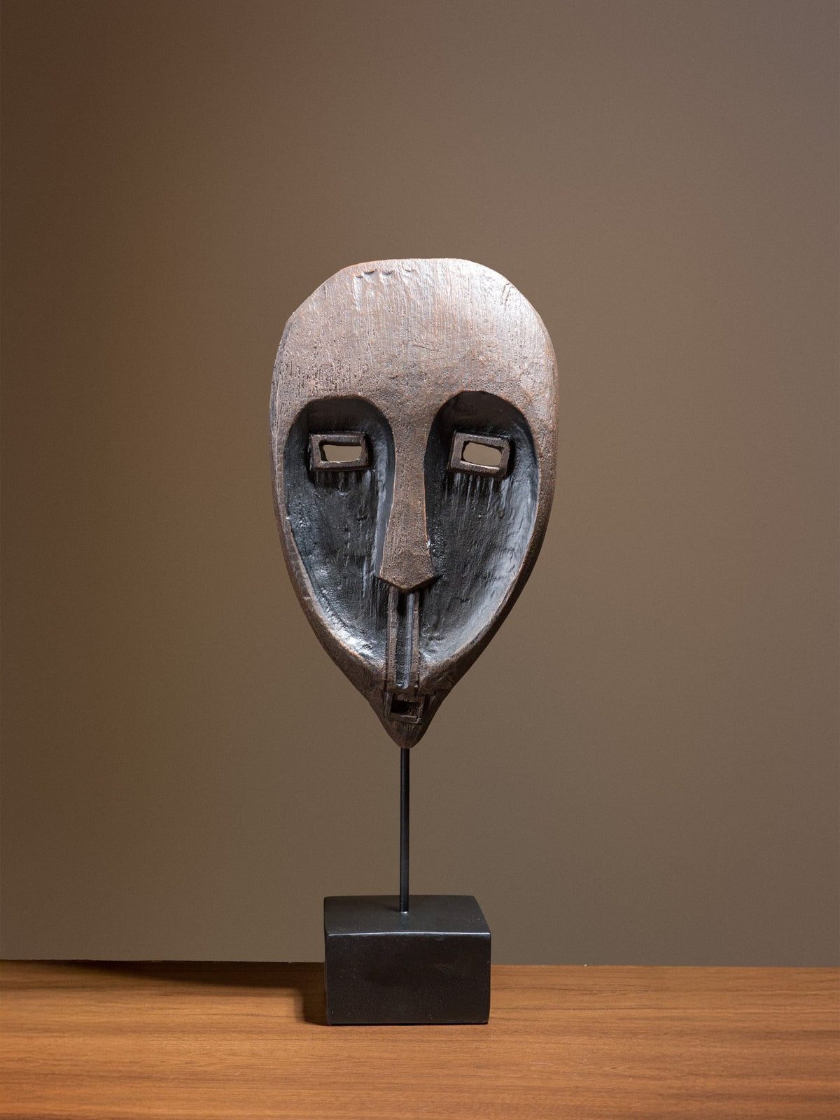 Tribal Wood-Look Mask Sculpture – Elongated Oval Face Statue - The Golden Theory Main image