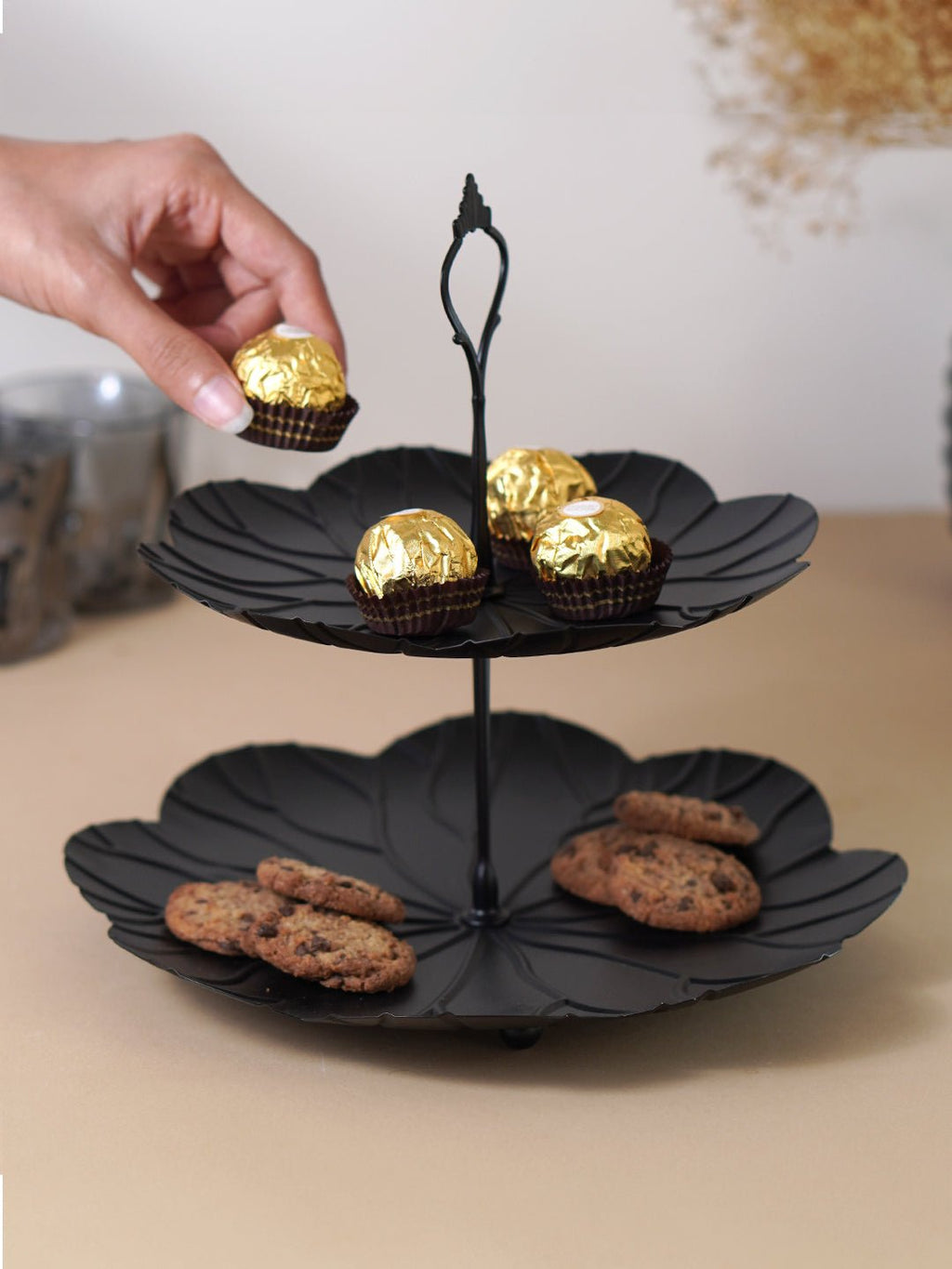 Two-Tier Black Leaf Design Cake Serving Stand - The Golden Theory