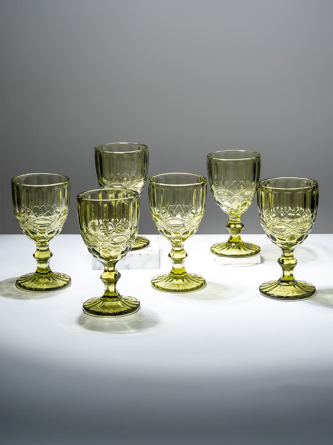 Vintage-Style Yellow Embossed Goblets - Set of 6 - The Golden Theory Main image