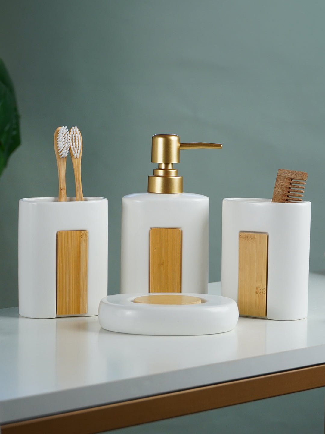 White and Bamboo Bathroom Accessory Set of 4 - The Golden Theory Main image
