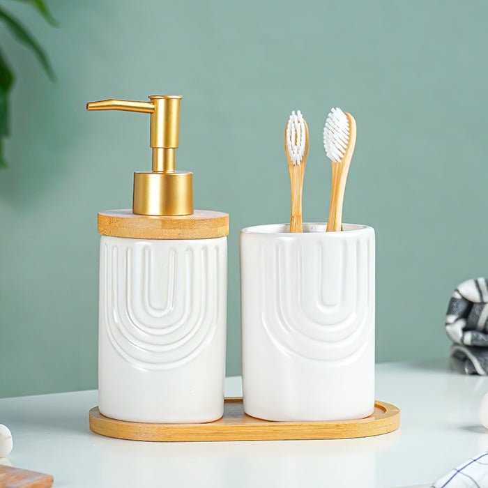 White and Bamboo Ceramic Bathroom Set of 2 - The Golden Theory Main image