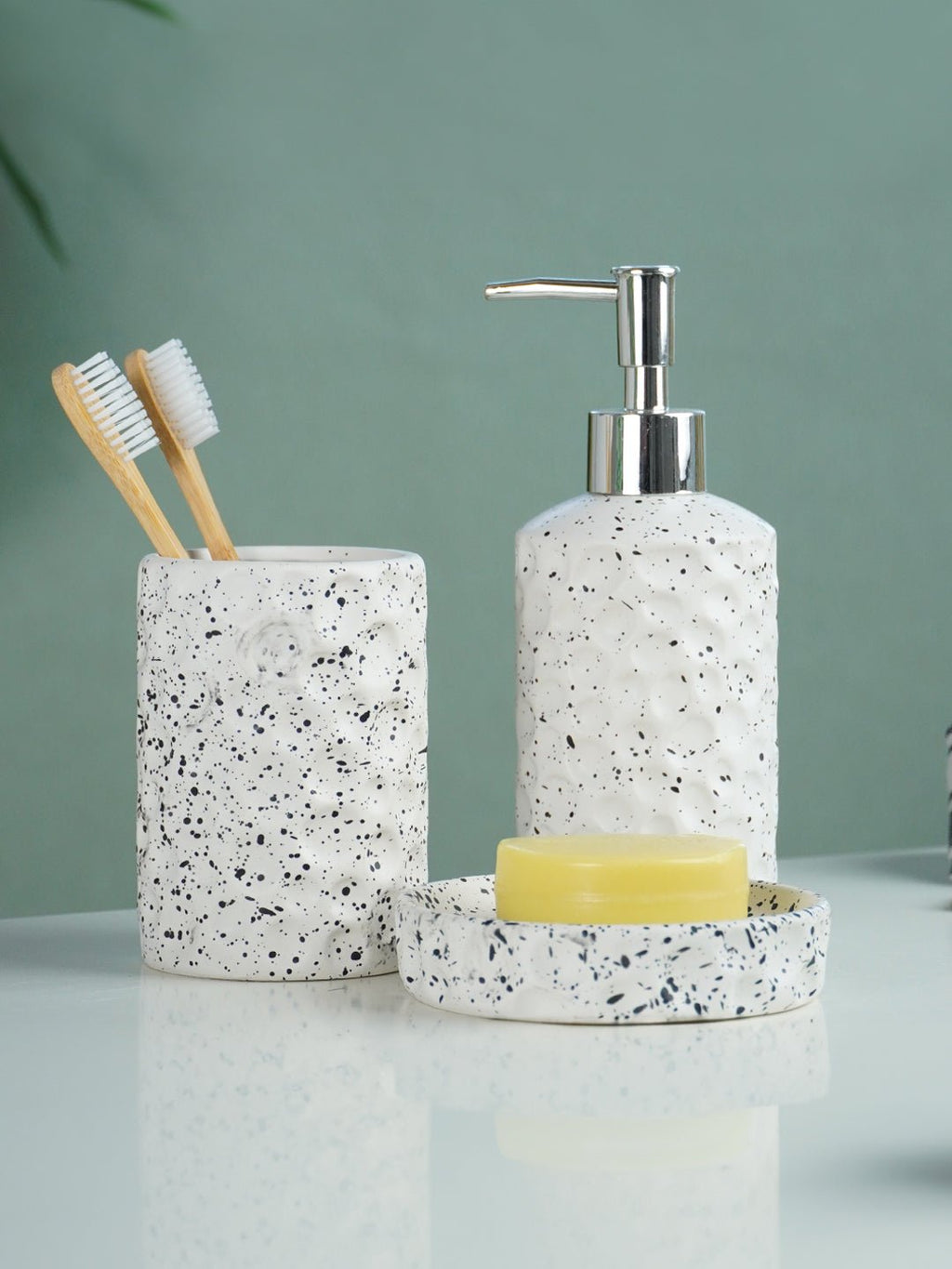 White and Black Speckled Ceramic Bathroom Set of 3 - The Golden Theory