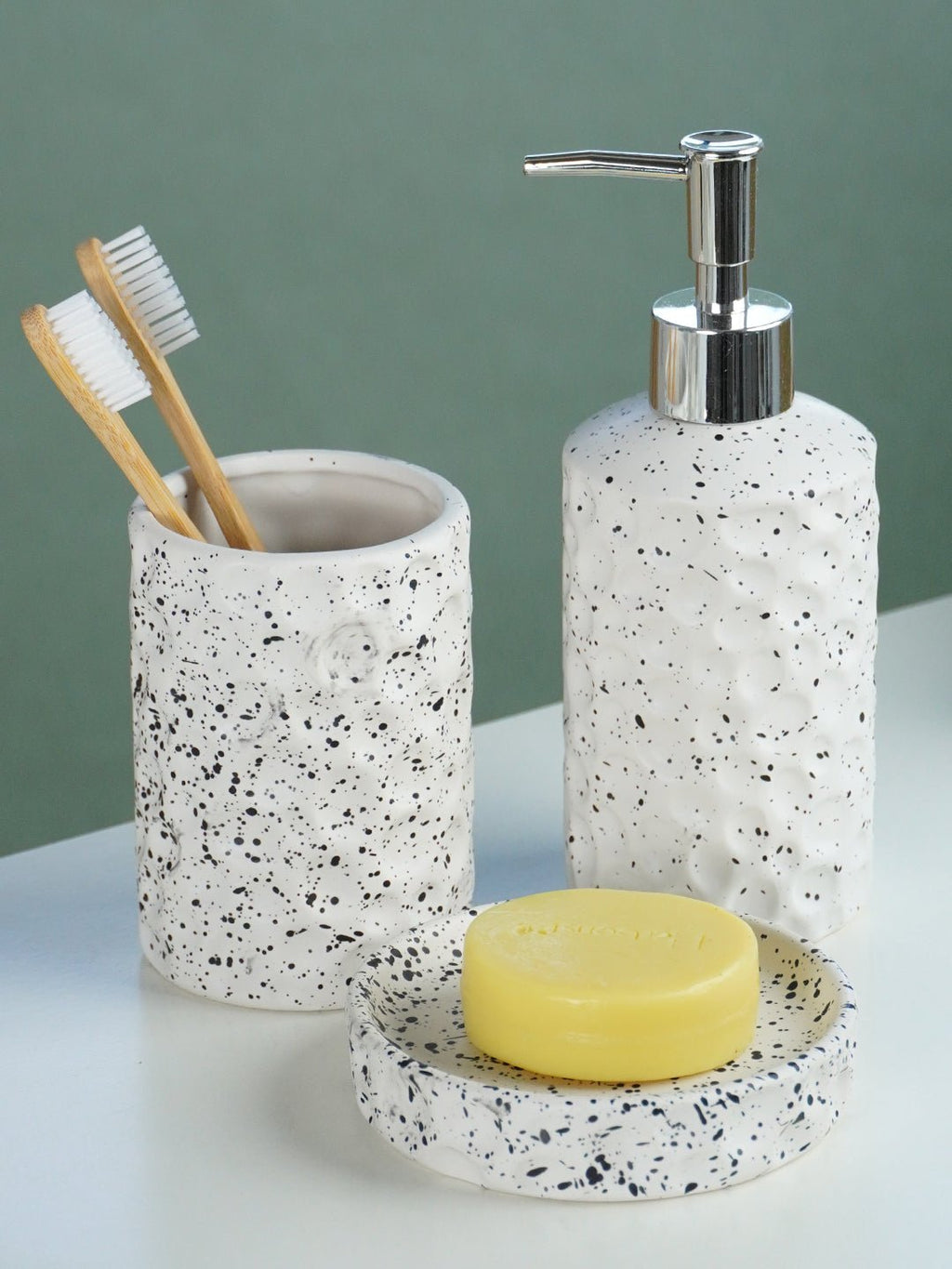 White and Black Speckled Ceramic Bathroom Set of 3 - The Golden Theory