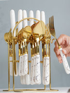White and Gold Stainless Steel Cutlery Set of 24 - The Golden Theory