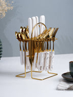White and Gold Stainless Steel Cutlery Set of 24 - The Golden Theory