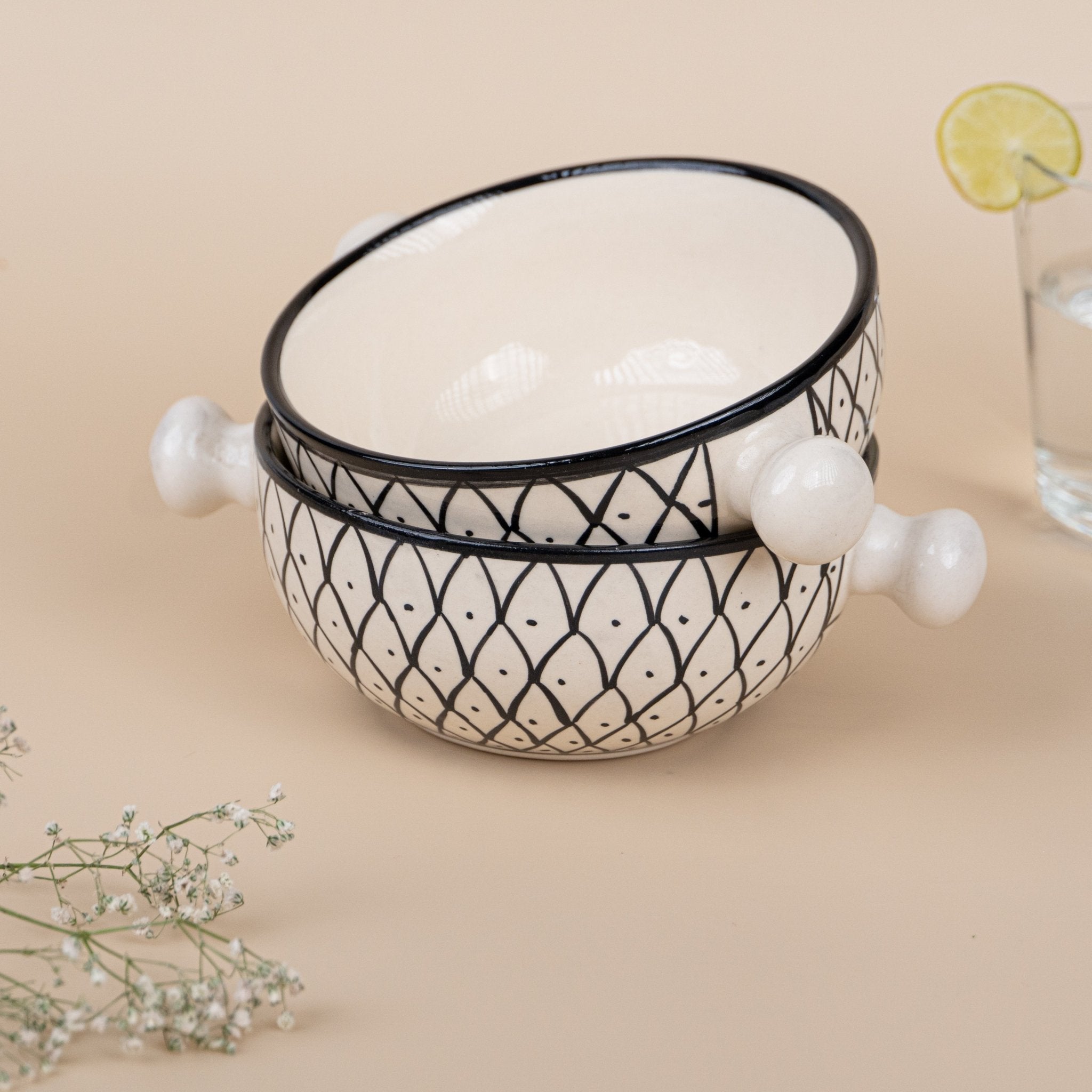 White Arabic Hand-Painted Ceramic Serving Bowl | Set of 2 - The Golden Theory