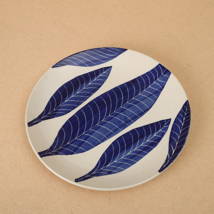 White Base Dinner Plate with Blue Leaf design Secondary image
