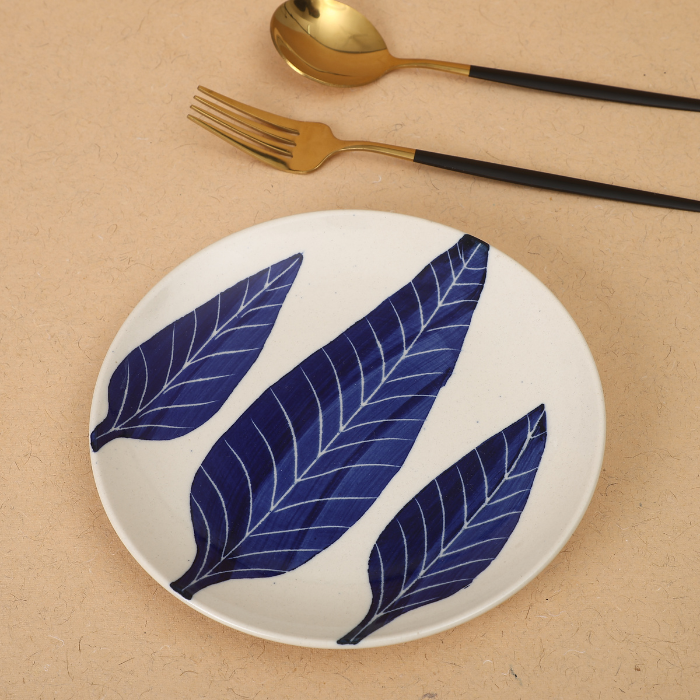 White Base Quarter Plate with Blue Leaf Design Main image
