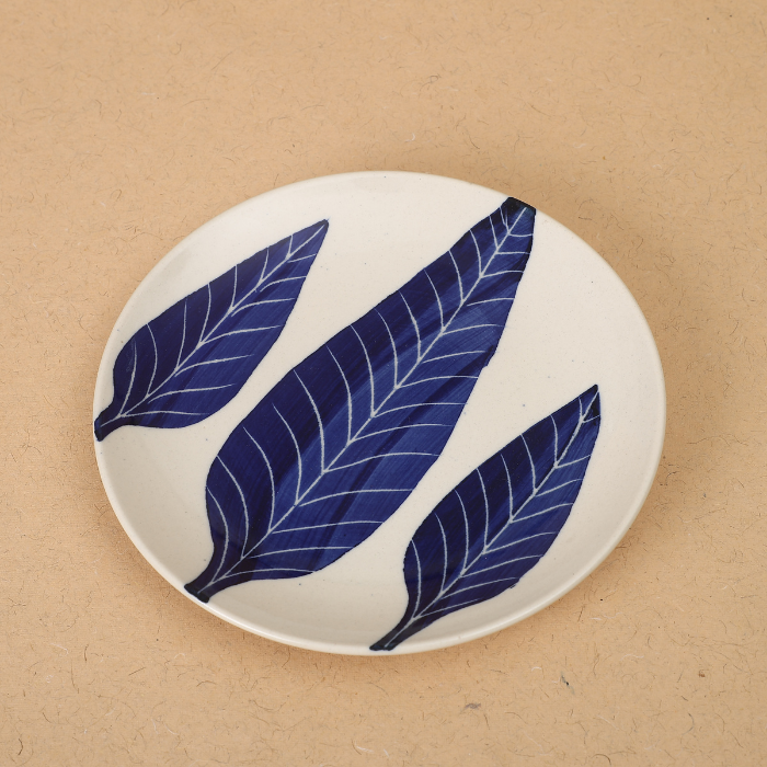 White Base Quarter Plate with Blue Leaf Design Secondary image